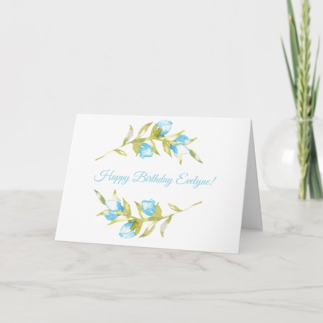 Blue Rosebud Stems Watercolor Birthday Card (Front)