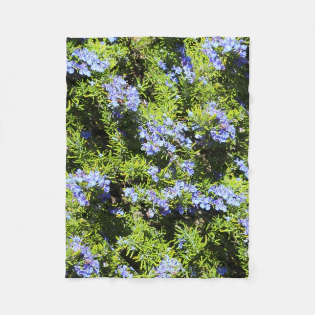 blue rosemary flowers on green fleece blanket (Front)