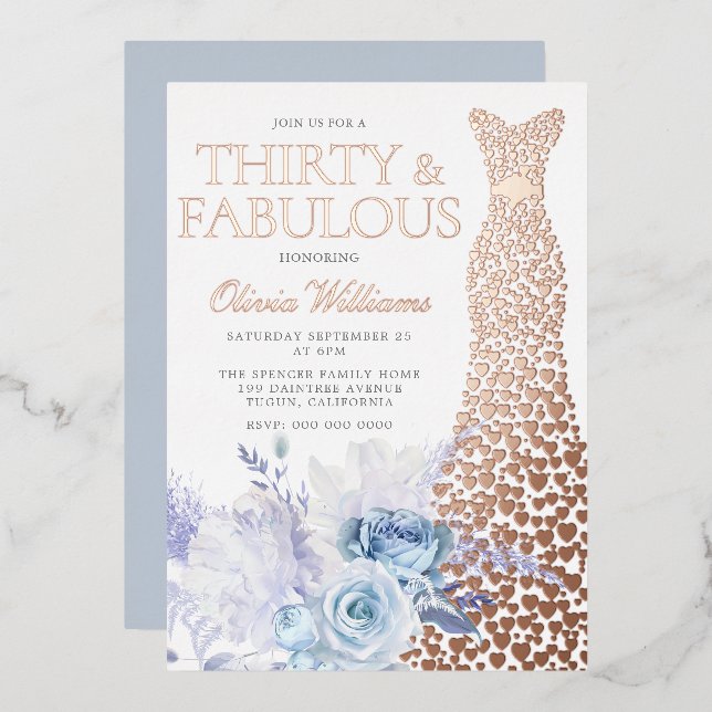 Blue Roses 30th Birthday Rose Gold Foil Invitation (Front/Back)