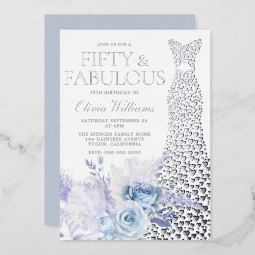 Blue Roses 50th Birthday Party Silver Foil Invitation