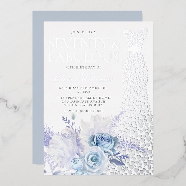 Blue Roses 70th Birthday Party Silver Foil Invitation (Front/Back)