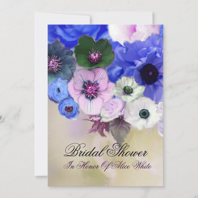 BLUE  ROSES AND ANEMONE FLOWERS BRIDAL SHOWER INVITATION (Front)