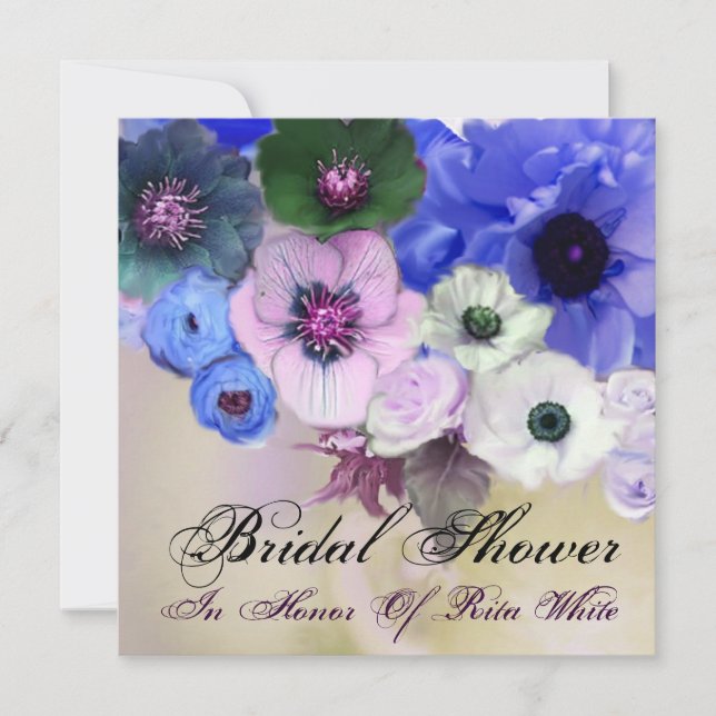 BLUE ROSES AND ANEMONE FLOWERS BRIDAL SHOWER INVITATION (Front)