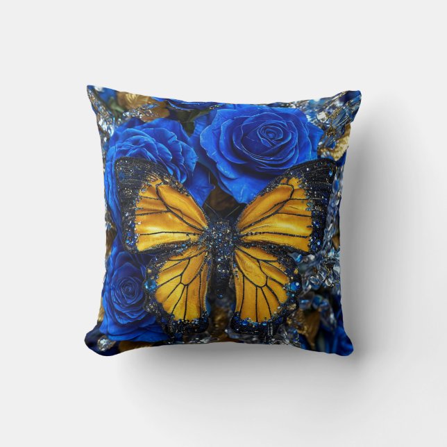 Blue roses and butterfly throw pillow (Front)