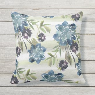 Blue Roses and Cornflowers Watercolor Pillow 16x16