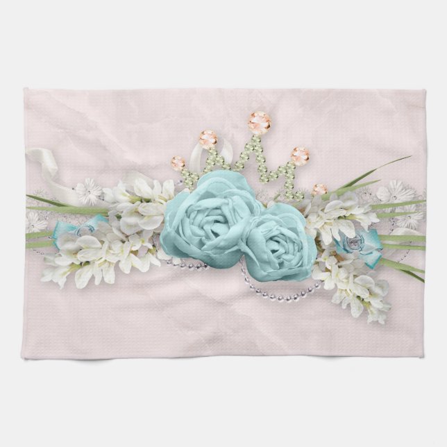 Blue Roses and Crown Floral Bouquet Kitchen Towel (Horizontal)