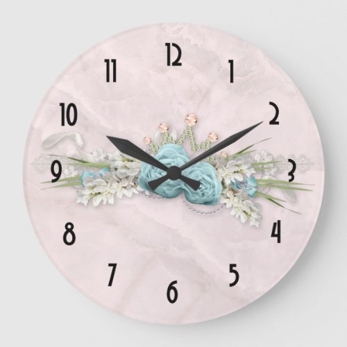 Blue Roses and Crown Floral Bouquet Large Clock