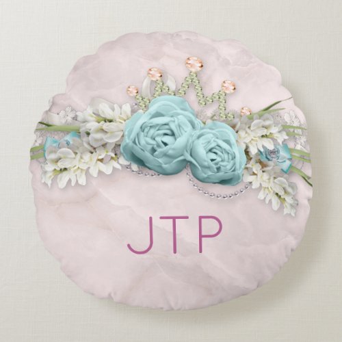 Blue Roses and Crown Floral Bouquet Monogram Round Pillow