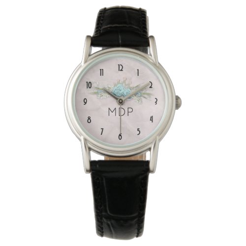 Blue Roses and Crown Floral Bouquet Monogram Watch