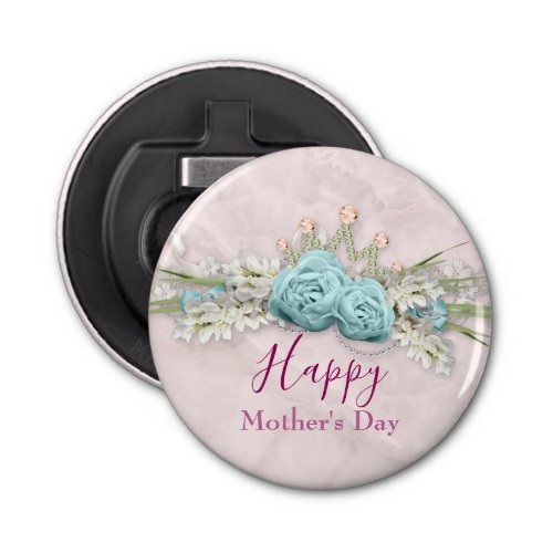 Blue Roses and Crown Floral Bouquet Mothers Day Bottle Opener