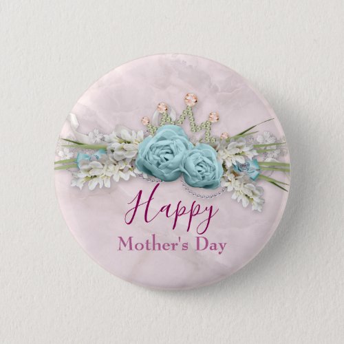 Blue Roses and Crown Floral Bouquet Mothers Day Button