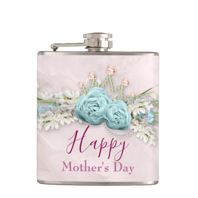 Blue Roses and Crown Floral Bouquet Mother's Day Flask (Front)