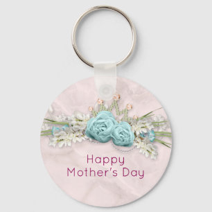 Blue Roses and Crown Floral Bouquet Mother's Day Keychain