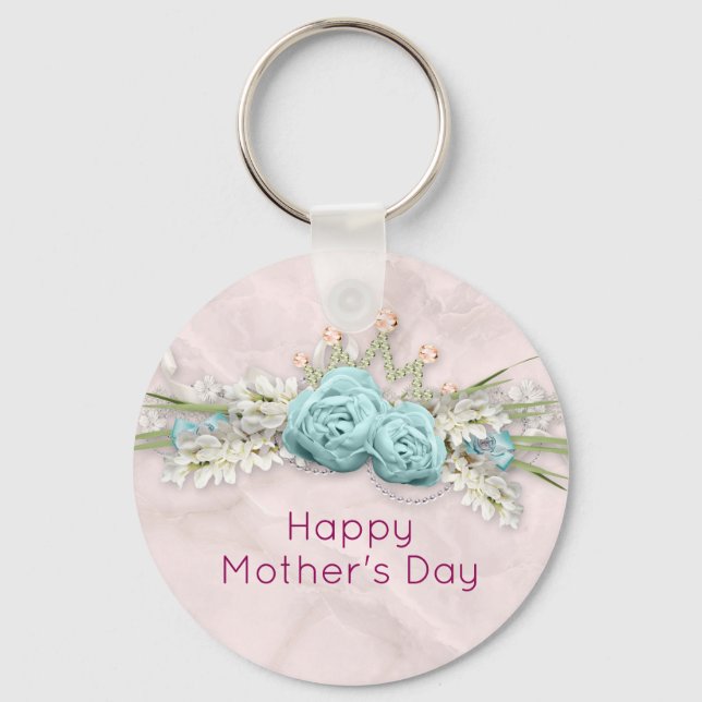 Blue Roses and Crown Floral Bouquet Mother's Day Keychain (Front)