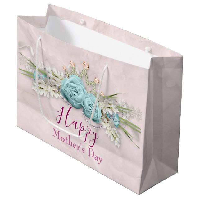 Blue Roses and Crown Floral Bouquet Mother's Day Large Gift Bag (Front Angled)