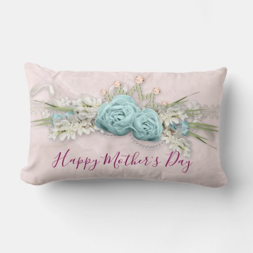 Blue Roses and Crown Floral Bouquet Mothers Day Lumbar Pillow