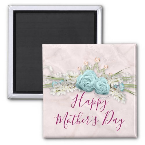 Blue Roses and Crown Floral Bouquet Mothers Day Magnet
