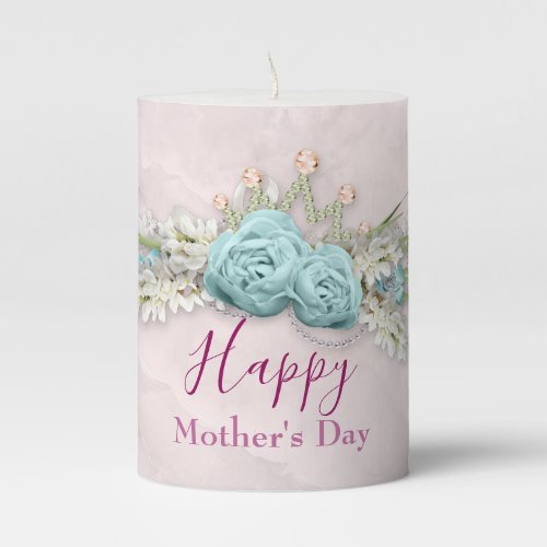 Blue Roses and Crown Floral Bouquet Mothers Day Pillar Candle