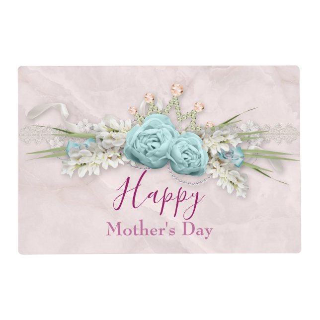 Blue Roses and Crown Floral Bouquet Mother's Day Placemat (Front)