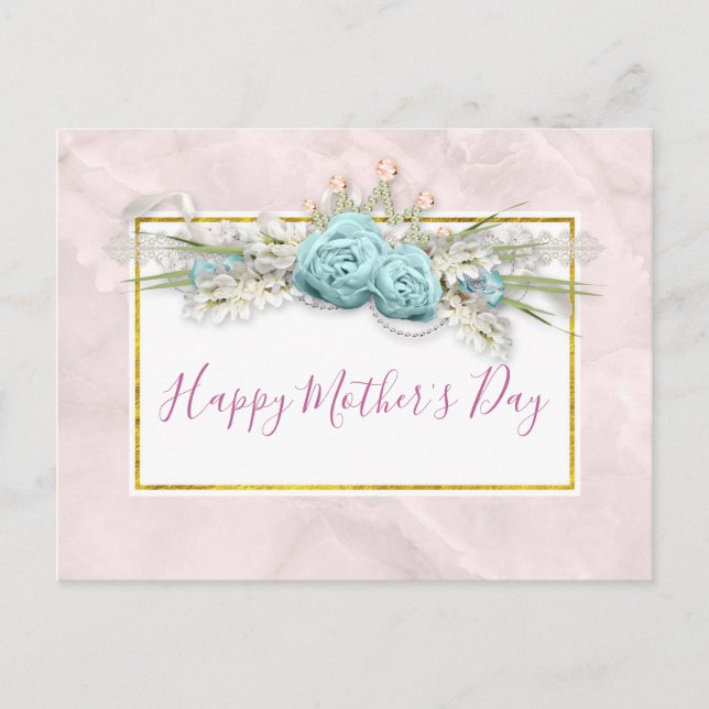 Blue Roses and Crown Floral Bouquet Mother's Day Postcard (Front)
