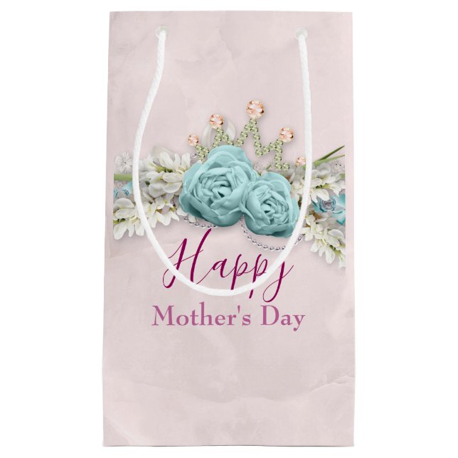 Blue Roses and Crown Floral Bouquet Mother's Day Small Gift Bag (Front)