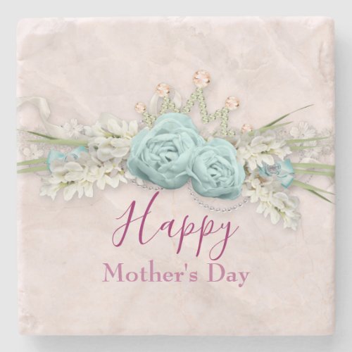 Blue Roses and Crown Floral Bouquet Mothers Day Stone Coaster