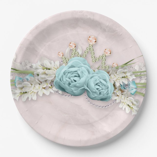 Blue Roses and Crown Floral Bouquet Paper Plates (Front)