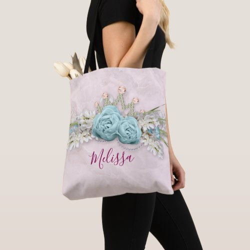 Blue Roses and Crown Floral Bouquet Personalized Tote Bag