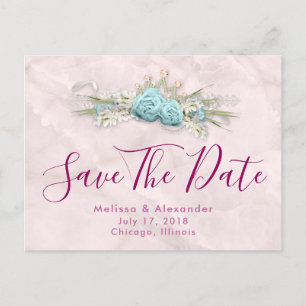 Blue Roses and Crown Floral Bouquet Save The Date Announcement Postcard