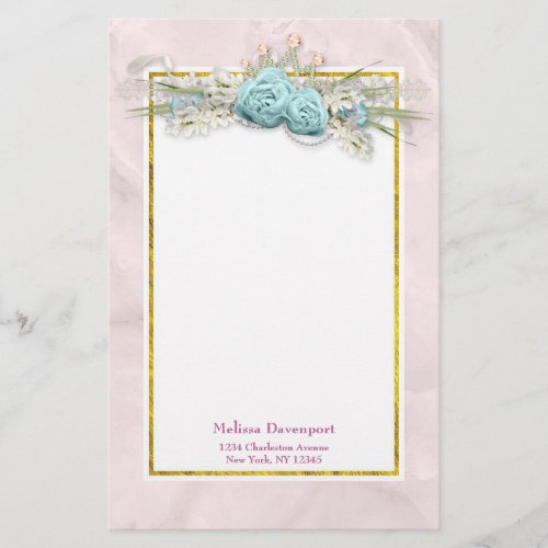 Blue Roses and Crown Floral Bouquet Stationery