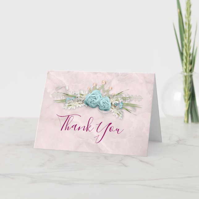 Blue Roses and Crown Floral Bouquet Thank You Card (Front)