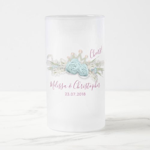 Blue Roses and Crown Floral Bouquet Wedding Frosted Glass Beer Mug