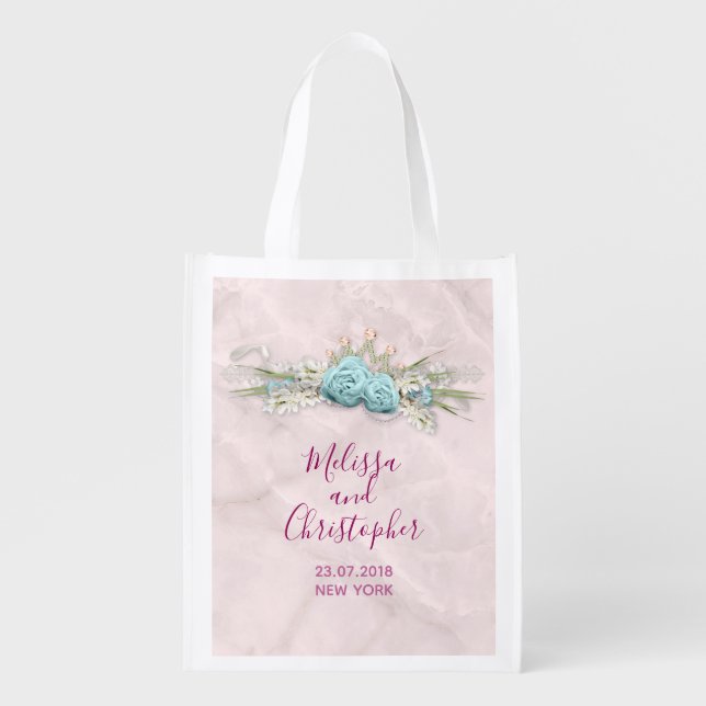 Blue Roses and Crown Floral Bouquet Wedding Grocery Bag (Front)