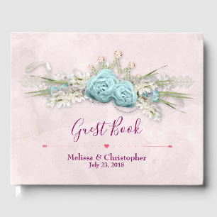 Blue Roses and Crown Floral Bouquet Wedding Guest Book