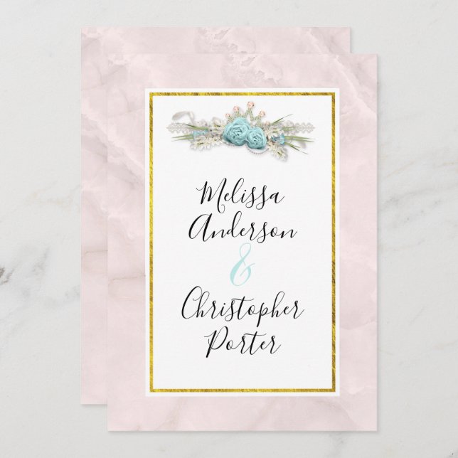 Blue Roses and Crown Floral Bouquet Wedding Invitation (Front/Back)