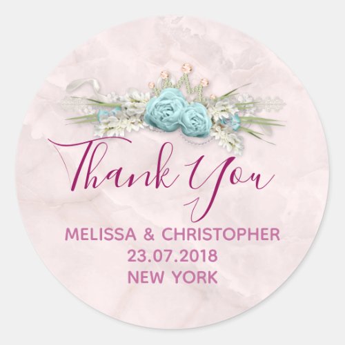 Blue Roses and Crown Floral Bouquet Wedding Thanks Classic Round Sticker