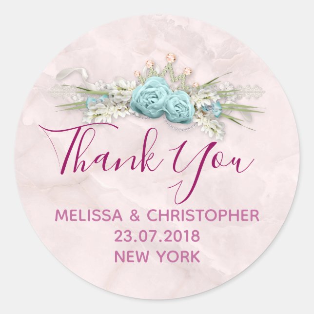 Blue Roses and Crown Floral Bouquet Wedding Thanks Classic Round Sticker (Front)
