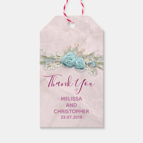 Blue Roses and Crown Floral Bouquet Wedding Thanks Gift Tags