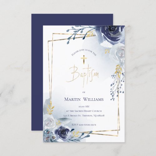 blue roses and faux gold foil frame  Baptism Invitation