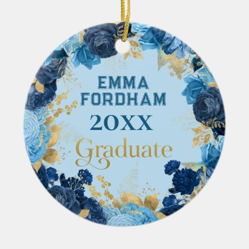 Blue Roses and Gold Foil Leaves Graduation  Ceramic Ornament