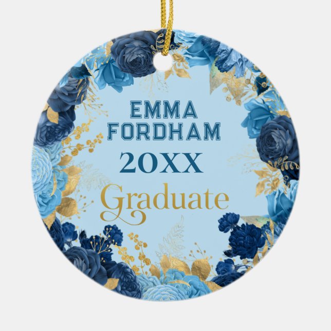 Blue Roses and Gold Foil Leaves Graduation  Ceramic Ornament (Front)