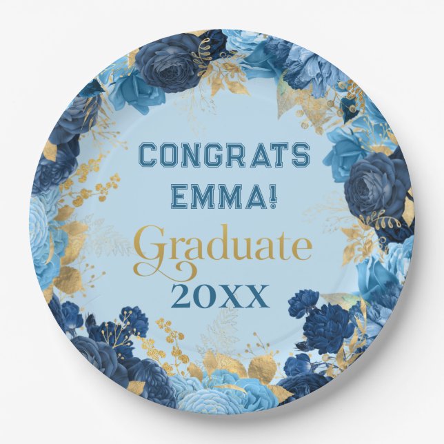 Blue Roses and Gold Foil Leaves Graduation  Paper Plates (Front)