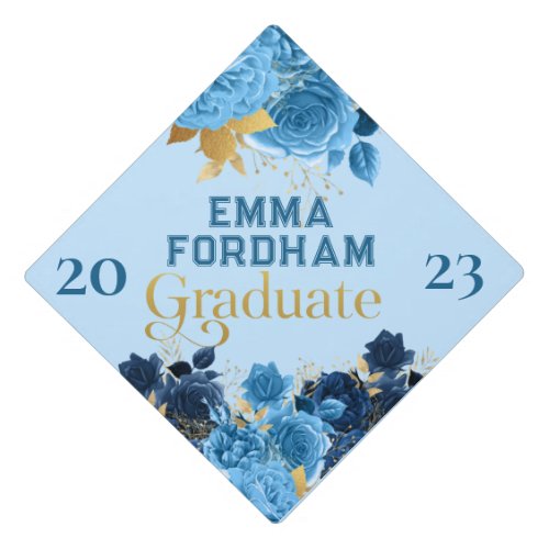 Blue Roses and Gold Foil Leaves Personalized Graduation Cap Topper
