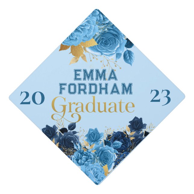 Blue Roses and Gold Foil Leaves Personalized Graduation Cap Topper (Front)