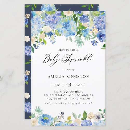 Blue Roses and Hydrangea Baby Sprinkle Invitation