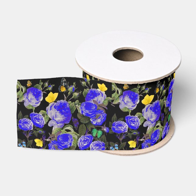 BLUE ROSES AND YELLOW BUTTERFLIES Black Grosgrain Ribbon (Spool)
