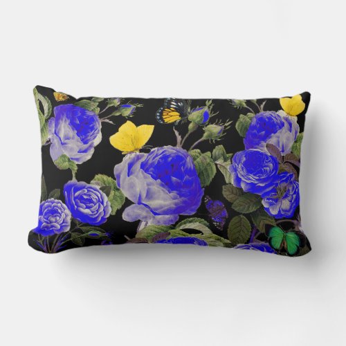 BLUE ROSES AND YELLOW BUTTERFLIES Black Lumbar Pillow