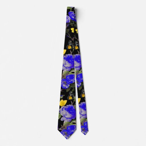 BLUE ROSES AND YELLOW BUTTERFLIES Black Neck Tie