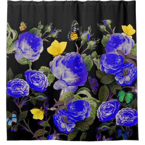 BLUE ROSES AND YELLOW BUTTERFLIES Black Shower Curtain