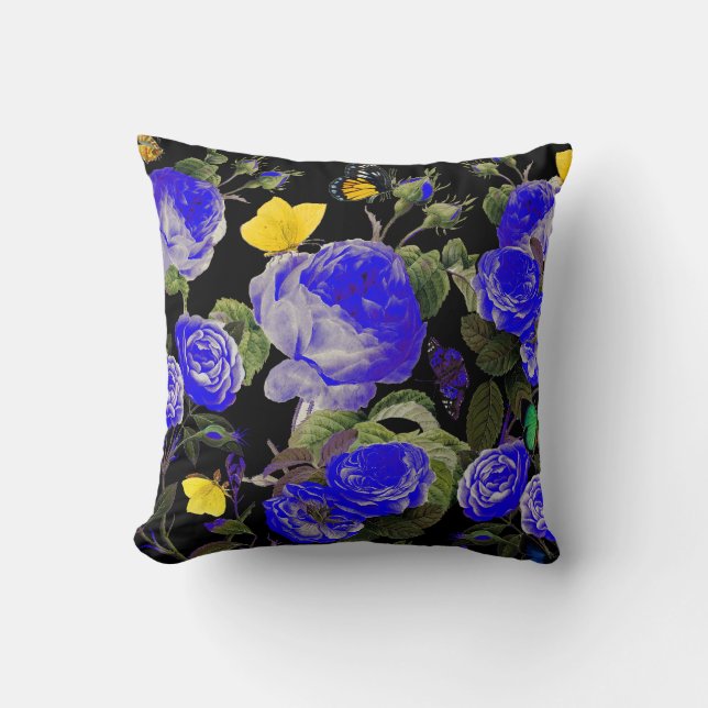 BLUE ROSES AND YELLOW BUTTERFLIES Black Throw Pillow (Front)